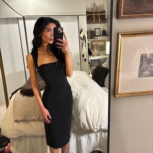 Laundry by Shelli Segal | Black Corset Ruched Open Back Midi Dress |